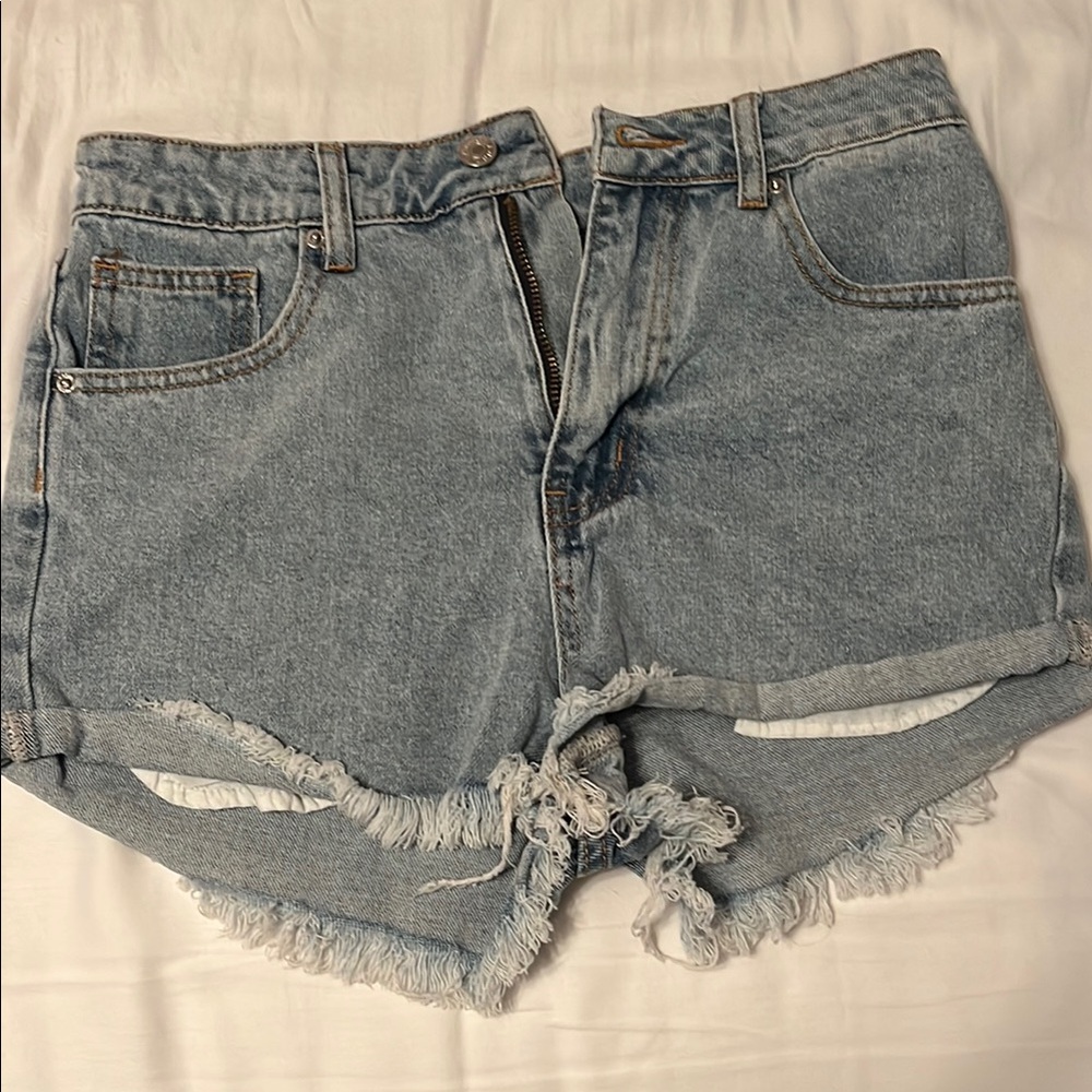 Blue Jean Shorts with Distressed Hem